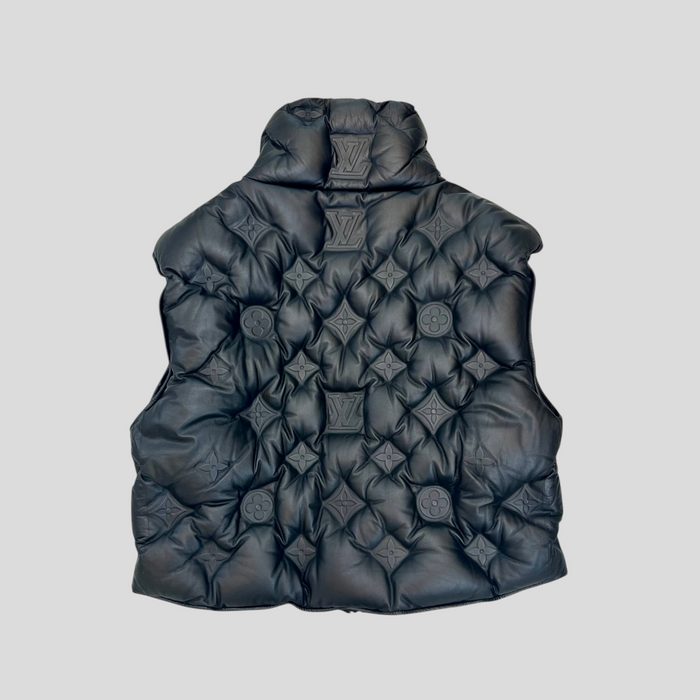 CLB XXIII Louis Vuitton black calfskin leather puffer vest with embossed monogram pattern and high collar