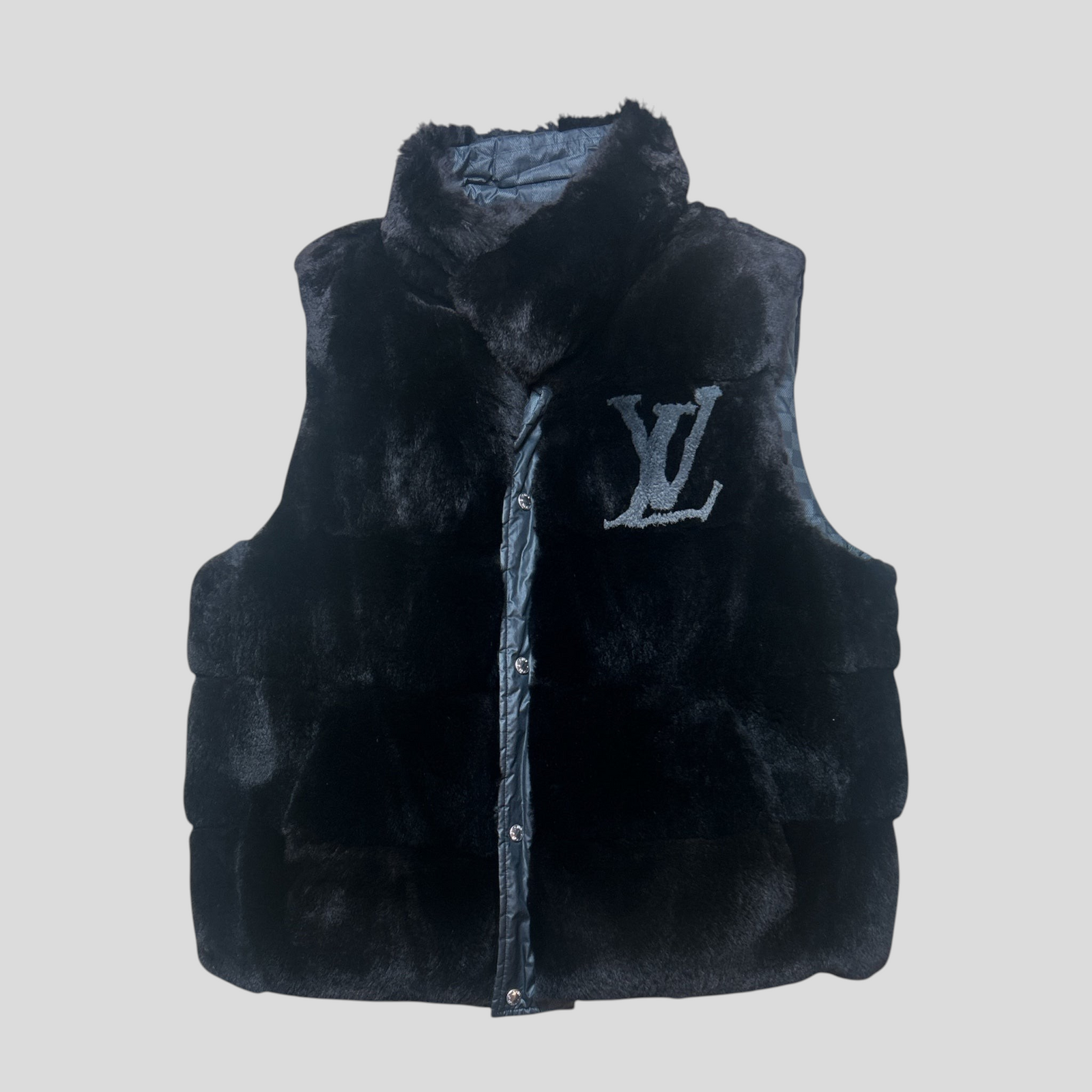 CLB XXIII Louis Vuitton reversible black rabbit fur vest with Damier pattern and front snap button closure