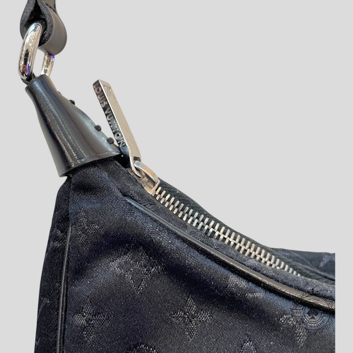 CLB XXIII pre-owned Louis Vuitton black satin Boulogne baguette with leather trim and silver monogram zipper pull