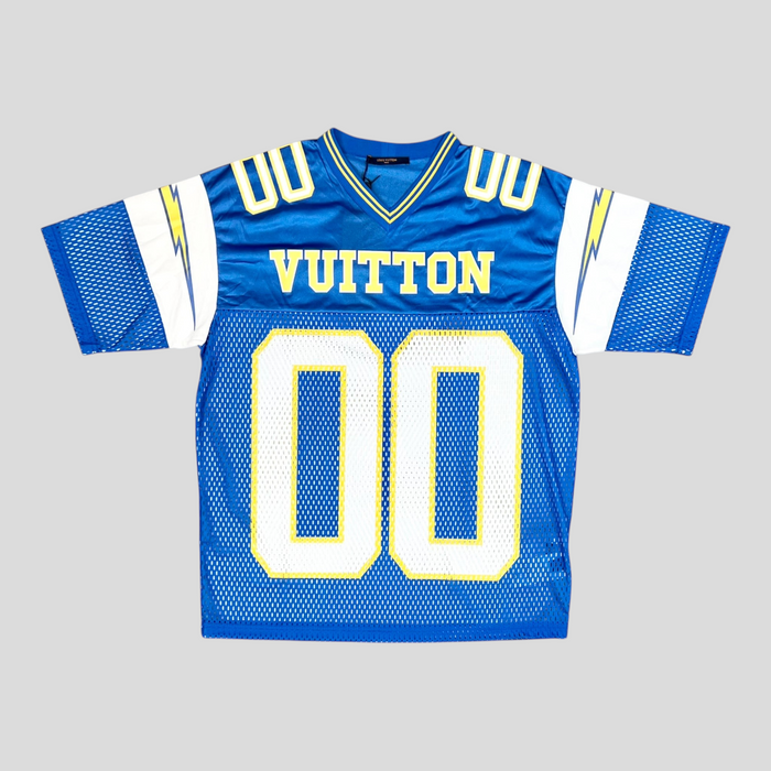 CLB XXIII Louis Vuitton blue and yellow sporty jersey with 00 numbering and lightning bolt sleeve details