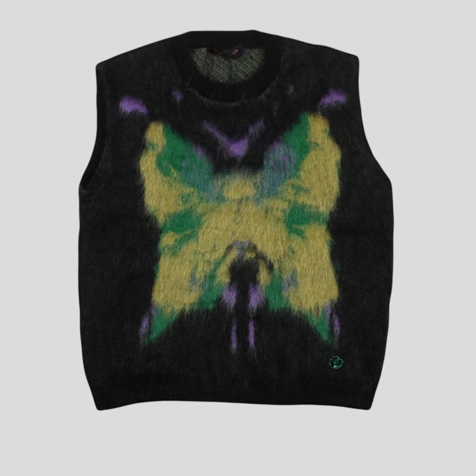 CLB XXIII Louis Vuitton black mohair blend sweater vest featuring a large yellow and purple butterfly graphic