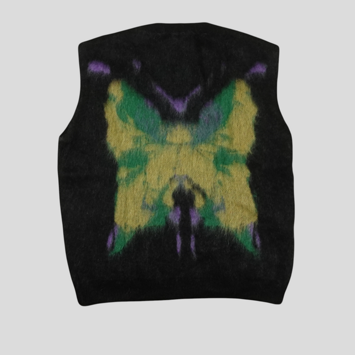 CLB XXIII Louis Vuitton black mohair blend vest featuring a vibrant green and purple butterfly graphic design.