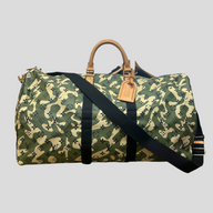 CLB XXIII Louis Vuitton Takashi Murakami Keepall 55 in green camouflage monogram canvas with tan leather trim