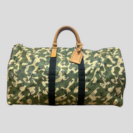 CLB XXIII Louis Vuitton Takashi Murakami Keepall 55 in green camo monogram canvas with tan leather trim