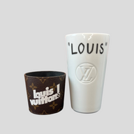 CLB XXIII brand white ceramic Louis Vuitton coffee cup with brown monogram leather sleeve