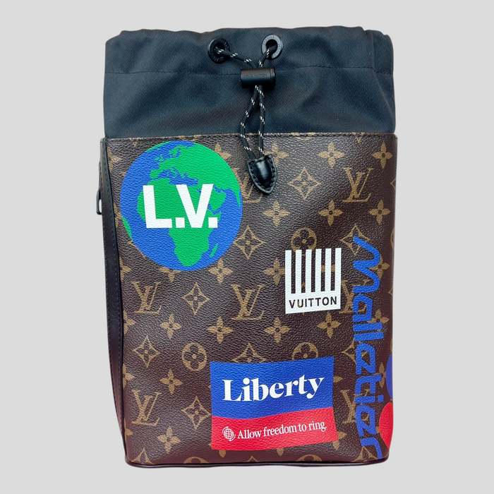CLB XXIII Louis Vuitton Monogram Chalk Slingbag with colorful graphic patches and black drawstring closure
