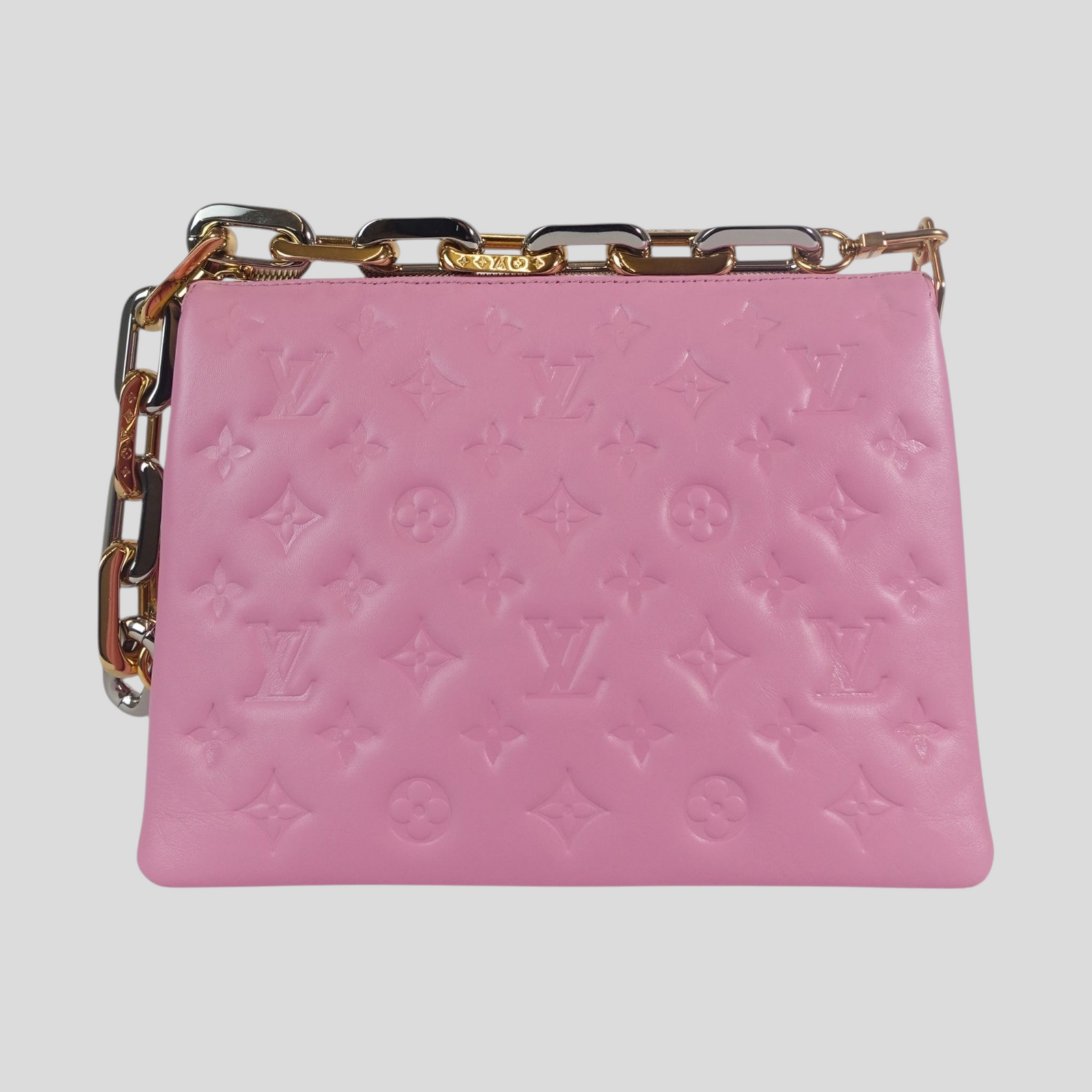 CLB XXIII Louis Vuitton Coussin PM handbag in rose pink leather with embossed monogram pattern and chunky chain strap