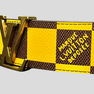 CLB XXIII Louis Vuitton reversible leather belt in yellow and brown Damier pattern with gold LV Initiales buckle