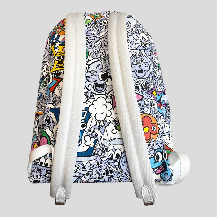 CLB XXIII Louis Vuitton multipocket backpack featuring a vibrant multi-colored graffiti print on white leather