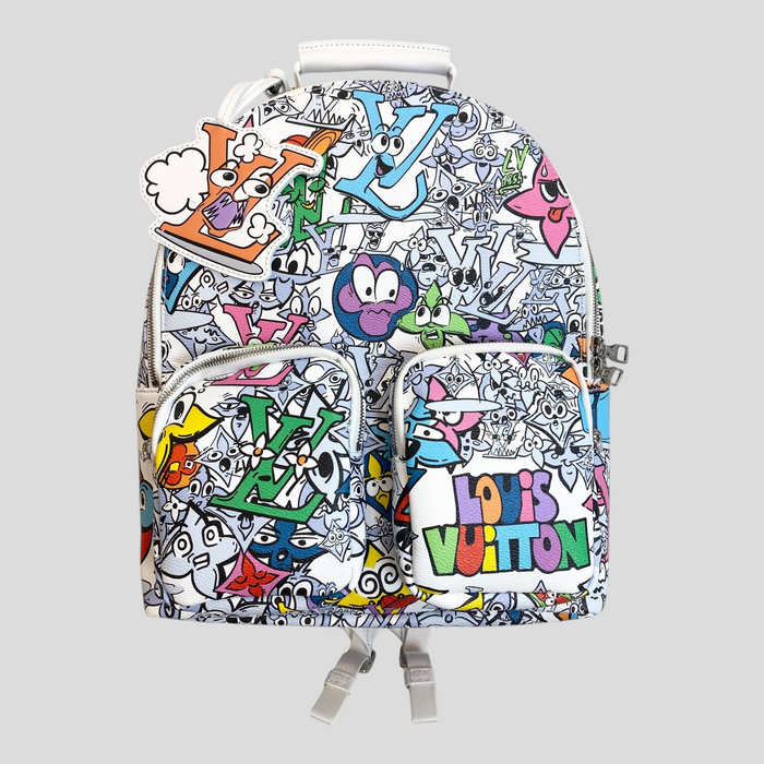 CLB XXIII Louis Vuitton multipocket backpack featuring a vibrant multi-colored graffiti print and cartoon motifs.