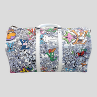 CLB XXIII Louis Vuitton Keepall Bandoulière 50 travel bag featuring a vibrant multi-colored graffiti comics print.