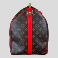 CLB XXIII Louis Vuitton Keepall Bandouliere 50 in brown monogram canvas with vibrant coquelicot red leather trim