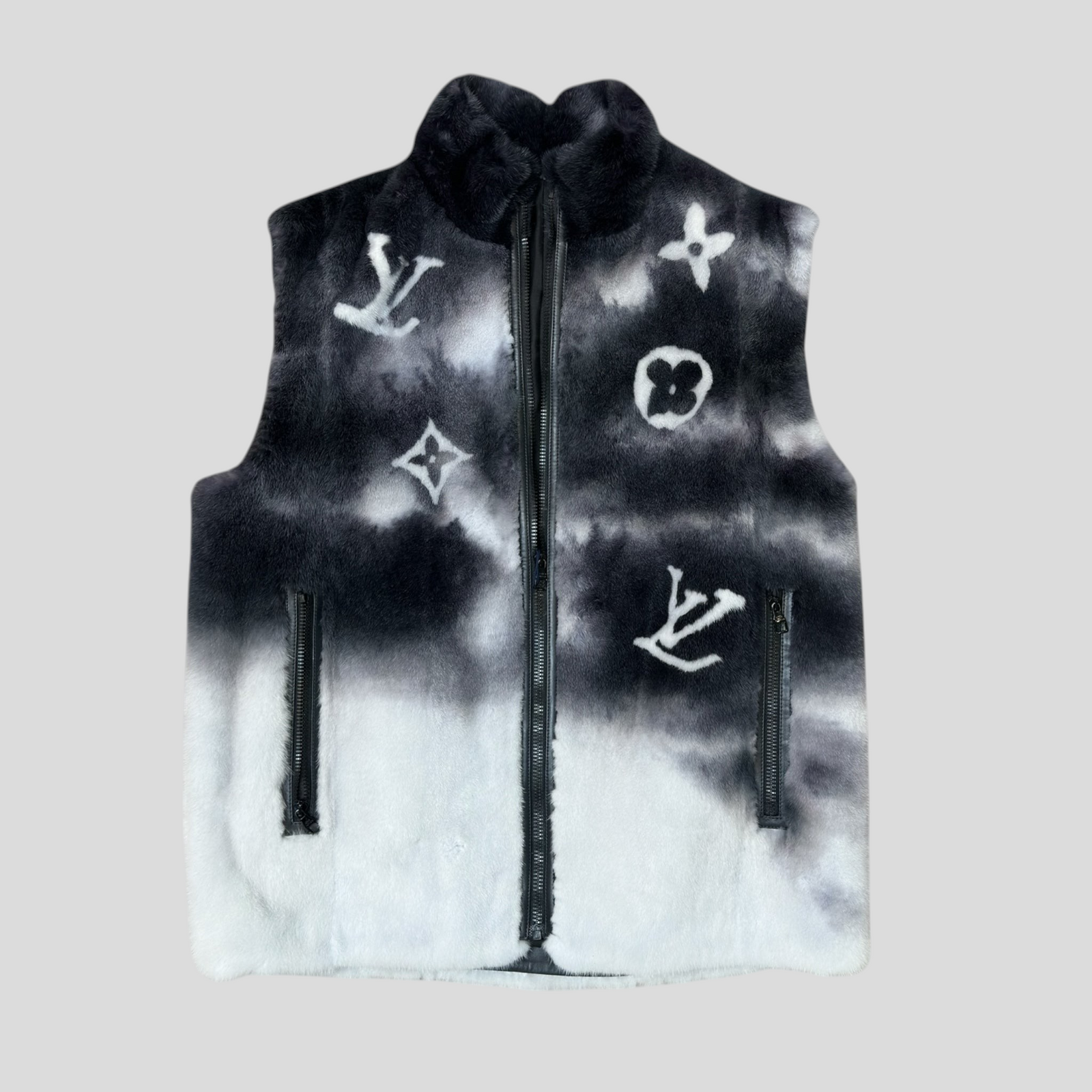 CLB XXIII Louis Vuitton LV spray mink gilet in black and white with iconic monogram pattern and zip-up front