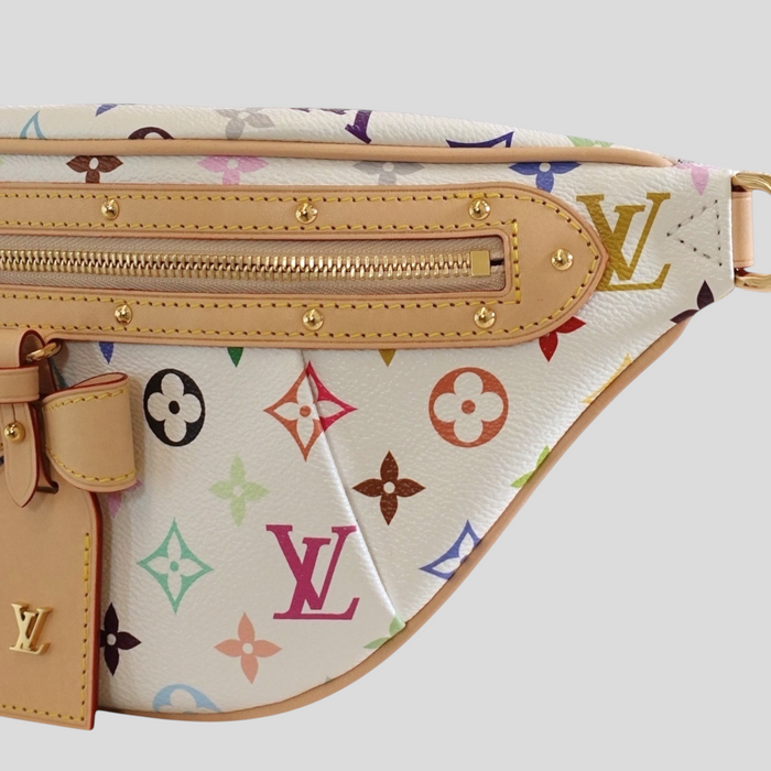 CLB XXIII Louis Vuitton x Takashi Murakami white multicolour monogram bum bag with tan leather trim and gold hardware