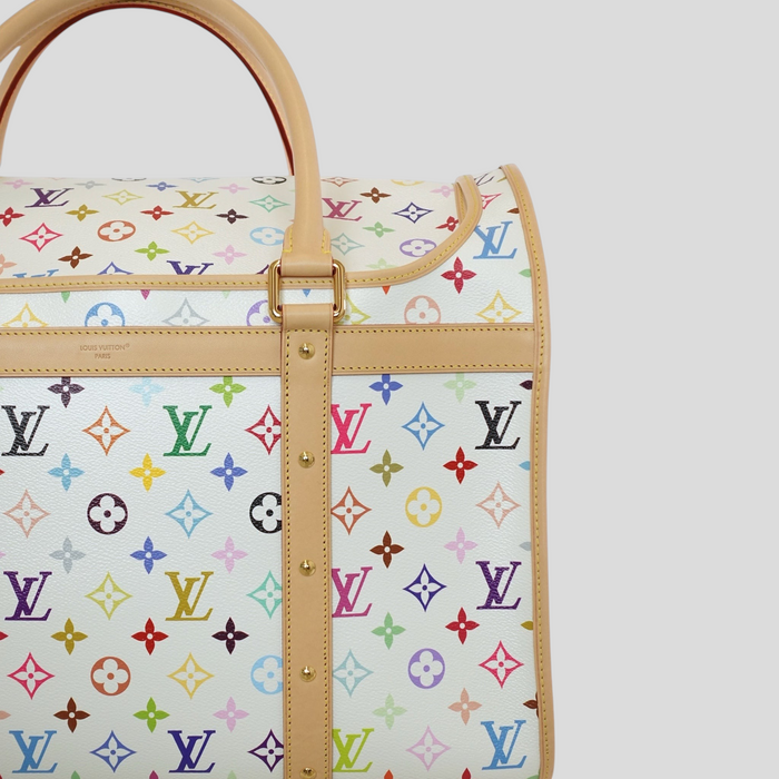 CLB XXIII Louis Vuitton x Takashi Murakami white monogram multicolore coated canvas dog carrier with vachetta leather