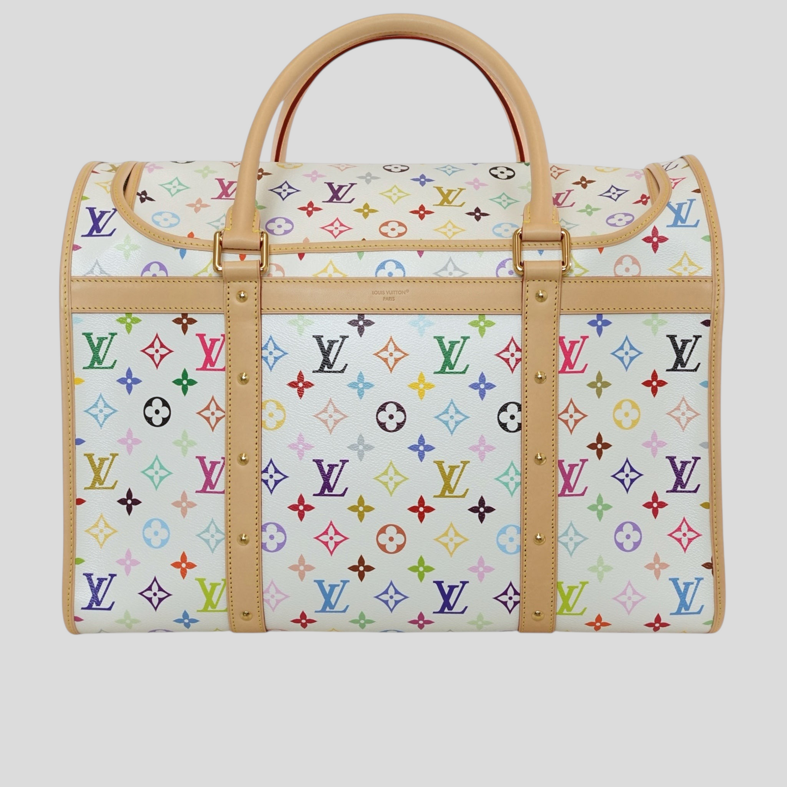 CLB XXIII Louis Vuitton x Takashi Murakami white Monogram Multicolore dog carrier with vachetta leather trim.