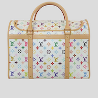 CLB XXIII Louis Vuitton x Takashi Murakami white Monogram Multicolore dog carrier with vachetta leather trim.
