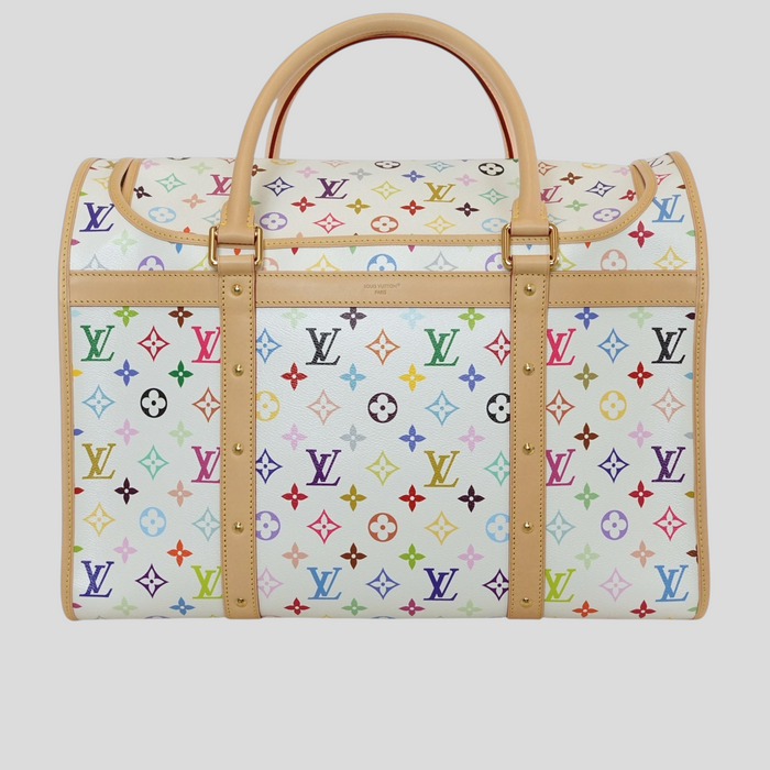 CLB XXIII Louis Vuitton x Takashi Murakami white Monogram Multicolore dog carrier with vachetta leather trim.