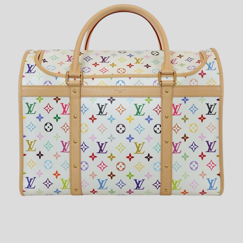 CLB XXIII Louis Vuitton x Takashi Murakami white Monogram Multicolore dog carrier with vachetta leather trim.