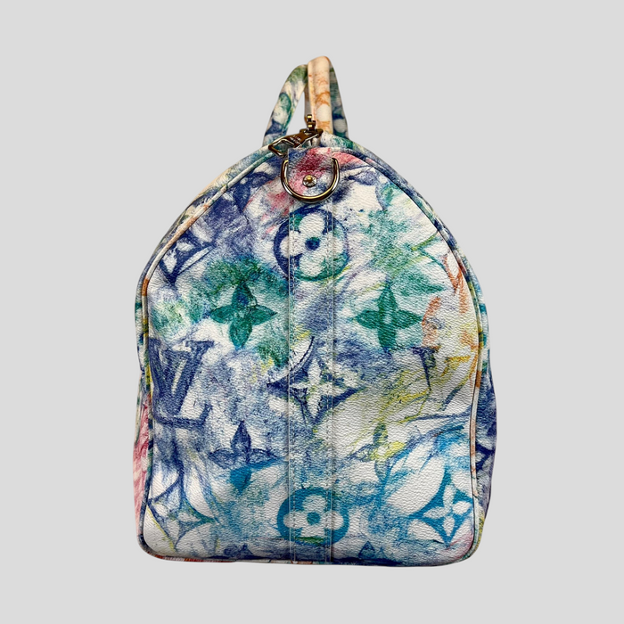 CLB XXIII Louis Vuitton Keepall 50 travel bag featuring a vibrant pastel watercolor monogram print