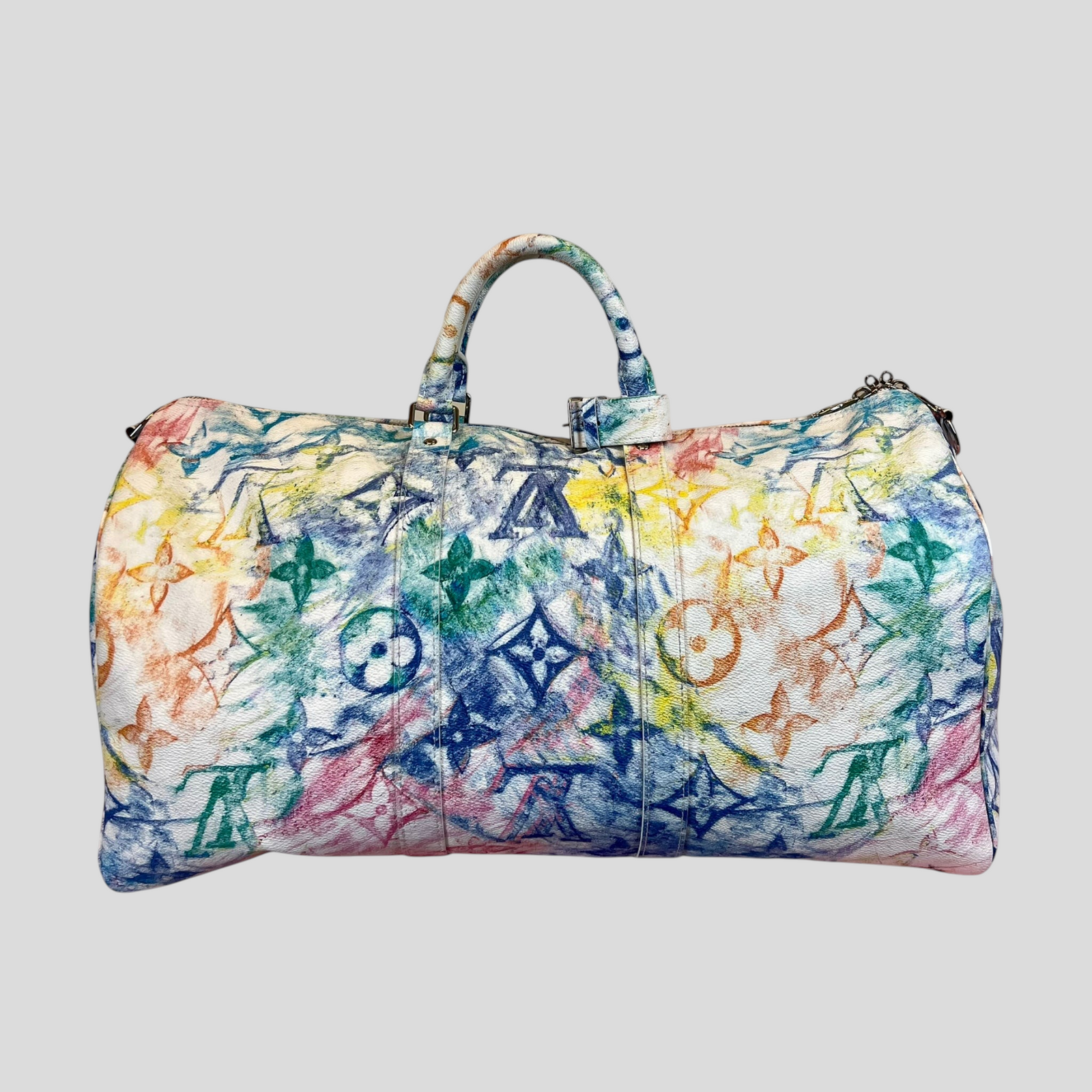 CLB XXIII Louis Vuitton Keepall 50 travel bag featuring a vibrant pastel watercolor monogram print on white canvas