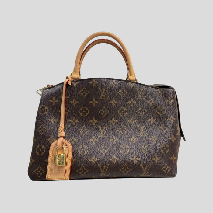 CLB XXIII Louis Vuitton Monogram Petit Palais handbag in brown canvas with tan leather handles and gold padlock charm
