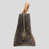 CLB XXIII Louis Vuitton Monogram Petit Palais handbag side view showing brown coated canvas and gold zipper detail