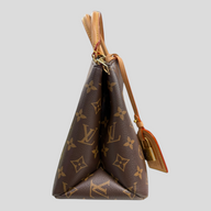 CLB XXIII Louis Vuitton Monogram Petit Palais handbag in brown coated canvas with tan leather handles and side view