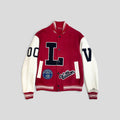 CLB XXIII Louis Vuitton MLK Dreaming red calfskin varsity jacket with graphic patches and white leather sleeves