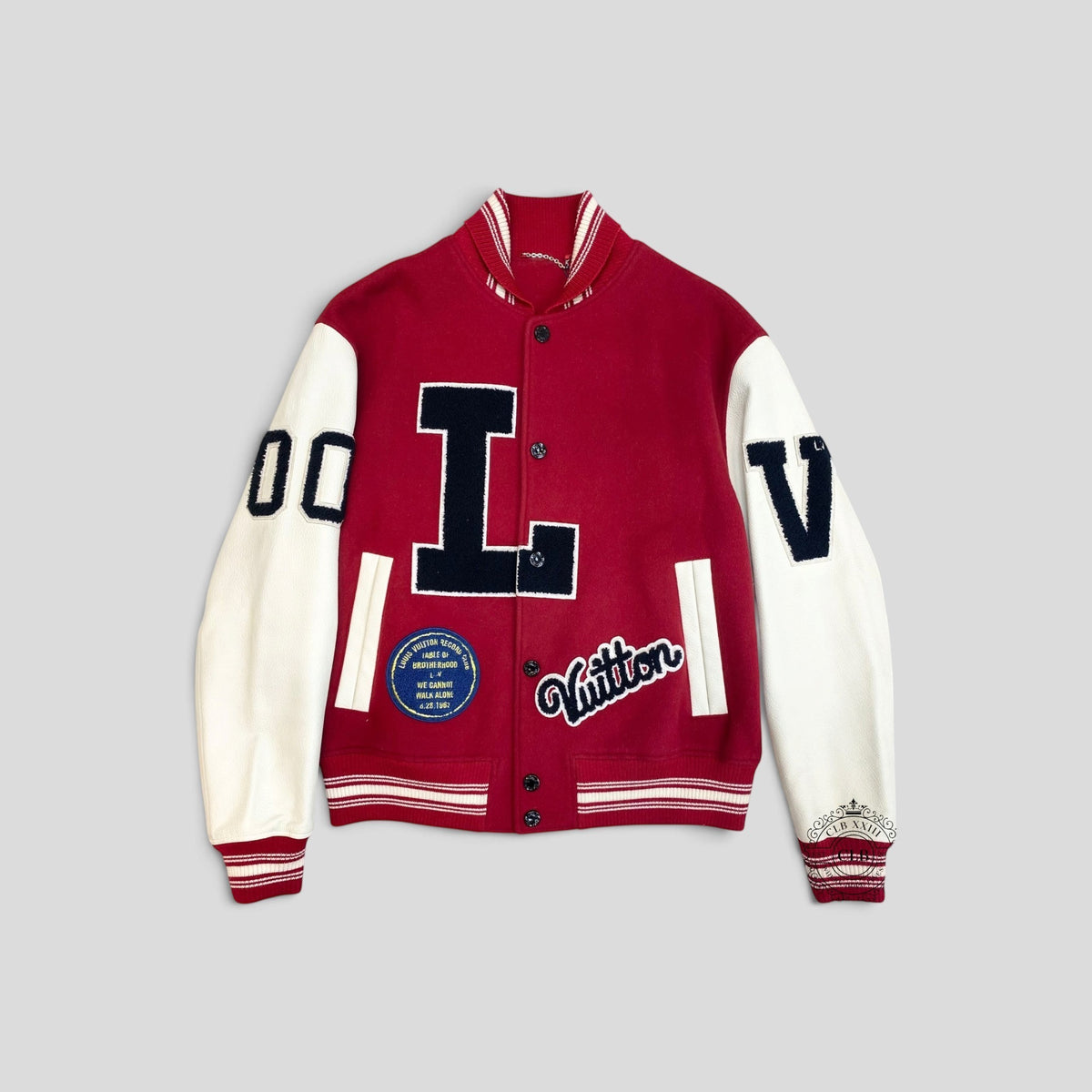 CLB XXIII Louis Vuitton MLK Dreaming red calfskin varsity jacket with graphic patches and white leather sleeves