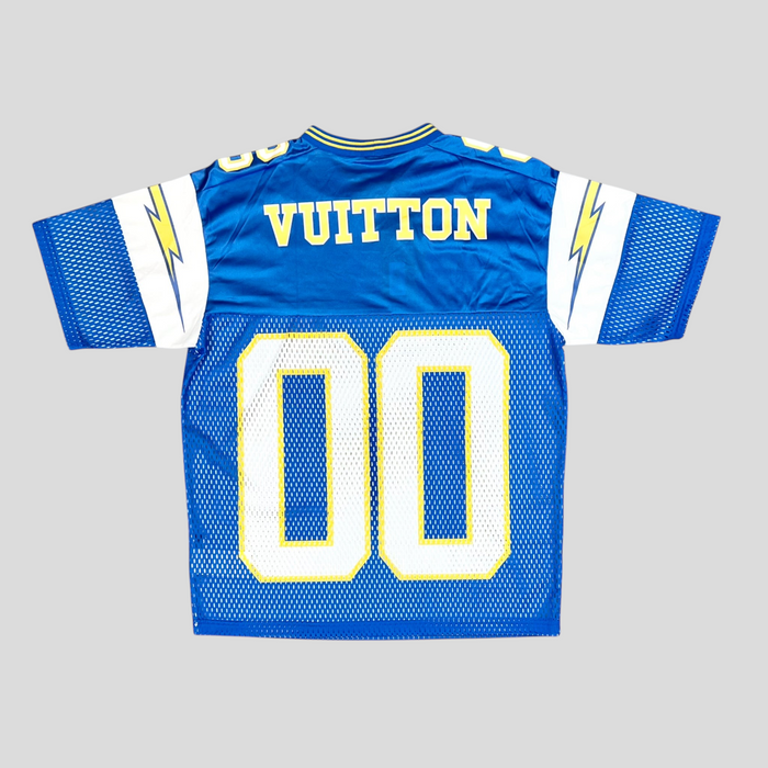 CLB XXIII Louis Vuitton sporty jersey in blue and yellow with lightning bolt sleeve details and number 00 on back