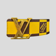 CLB XXIII Louis Vuitton LV Initiales reversible leather belt in yellow and brown Damier check with gold LV buckle