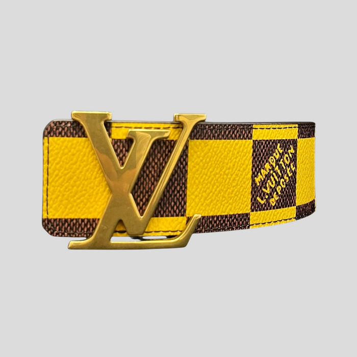 CLB XXIII Louis Vuitton LV Initiales reversible leather belt in yellow and brown Damier check with gold LV buckle