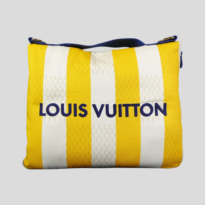 CLB XXIII Louis Vuitton SS26 yellow and white striped cotton terry beach towel bag with blue logo and handles