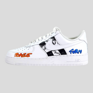 CLB XXIII Matty Boy custom white Air Force 1 Low sneakers with orange BASE and blue FORM graffiti-style lettering.
