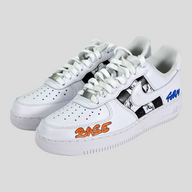CLB XXIII Matty Boy custom white Air Force 1 sneakers featuring hand-painted Base Form graphics and black patterns.