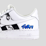 CLB XXIII Matty Boy custom white Air Force 1 sneaker featuring black graphic art and blue Form graffiti lettering