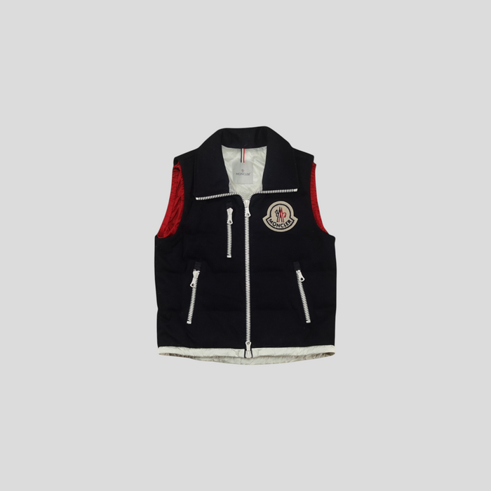 CLB XXIII Moncler Bastien navy blue wool down-filled vest with front zipper pockets and logo patch