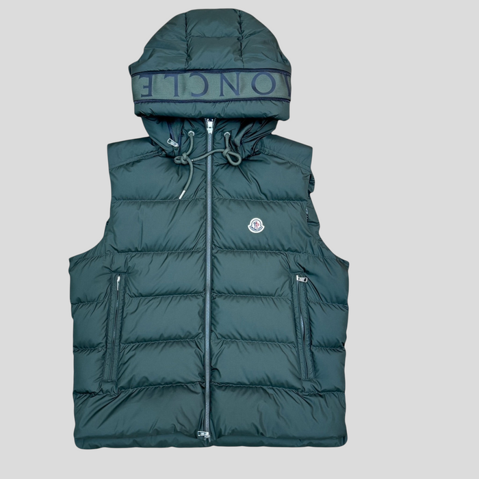 CLB XXIII Moncler Cardamine down vest in dark green with a hooded design and branded logo detail on the hood.