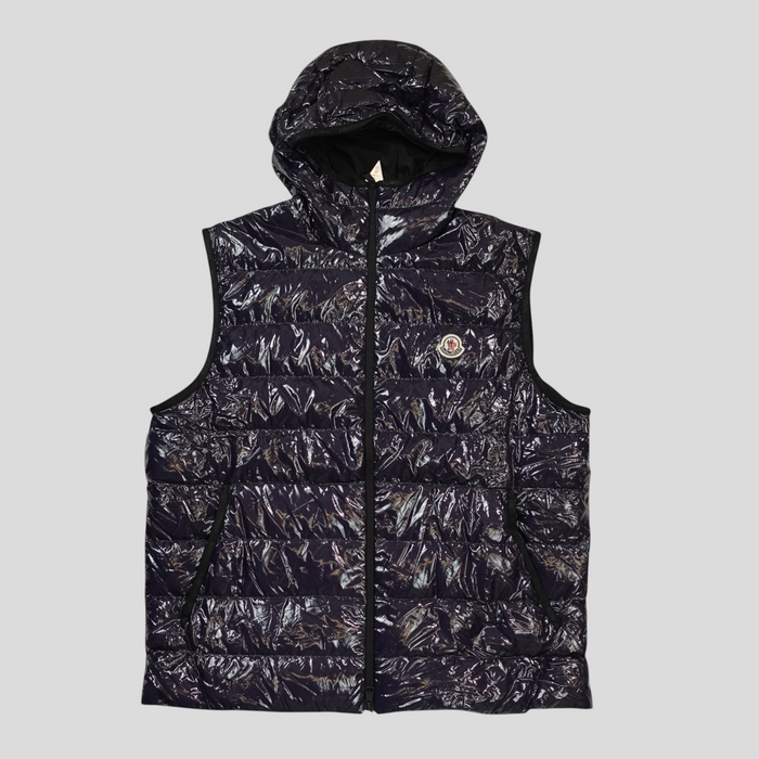 CLB XXIII Moncler navy blue hooded puffer vest in glossy polyamide with front zip closure and signature logo patch