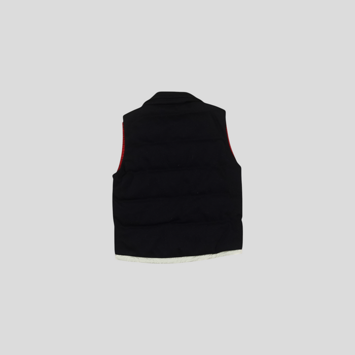 CLB XXIII Moncler Bastien navy blue wool down-filled vest, back view showing quilted construction.