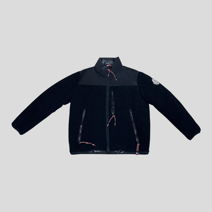 CLB XXIII Moncler 1952 Brohan black reversible fleece jacket with nylon panels and red-white drawstring details