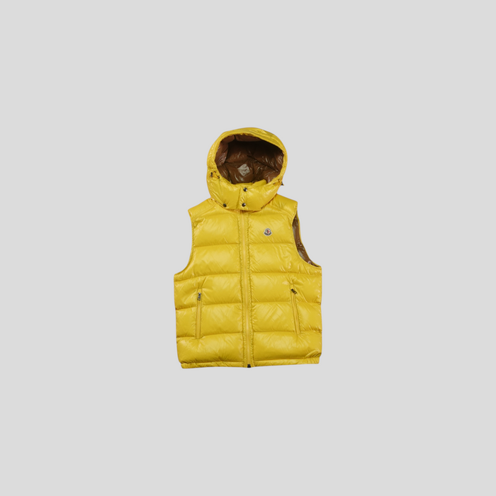 CLB XXIII Moncler Bormes hooded gilet vest in bright yellow polyamide with goose down insulation