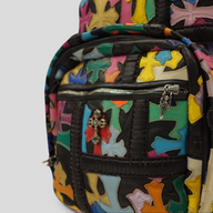 CLB XXIII multicolor leather backpack featuring Chrome Hearts filigree cross patches and sterling silver hardware.