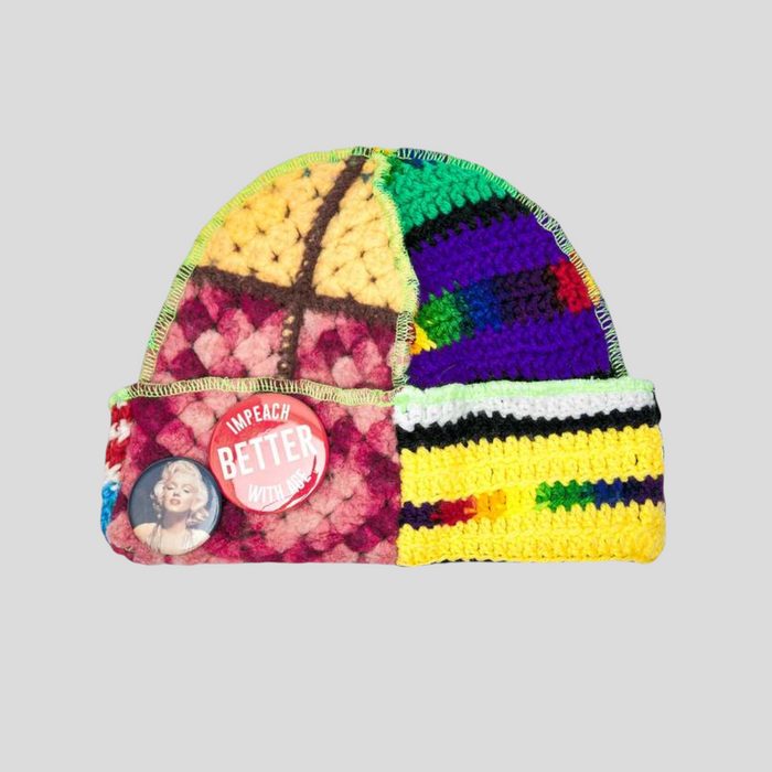 CLB XXIII Better With Age Nani's Bespoke multicolor knit beanie with four-paneled construction and vintage pins.