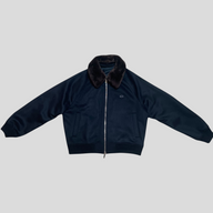 CLB XXIII navy blue cashmere jacket with a dark brown fur collar and silver front zipper closure