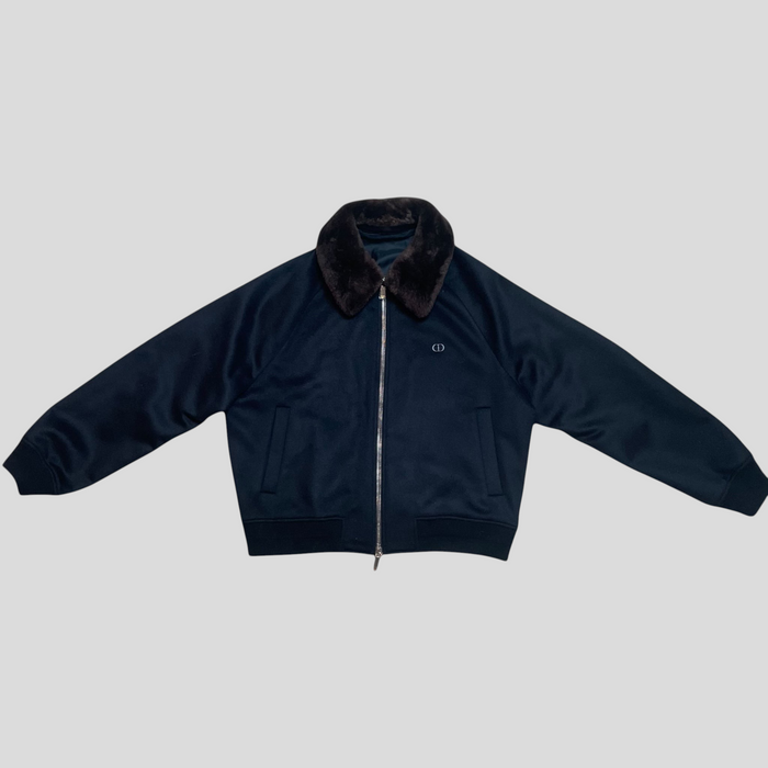CLB XXIII navy blue cashmere jacket with a dark brown fur collar and silver front zipper closure