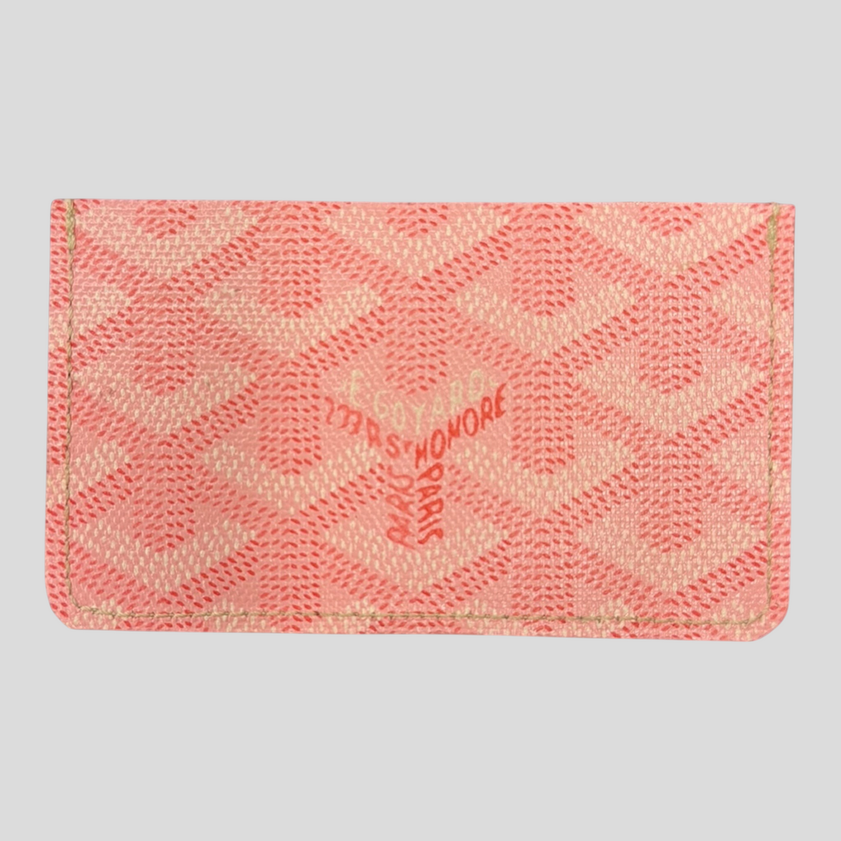 CLB XXIII pink Goyardine canvas card holder wallet with signature chevron pattern and Paris logo print