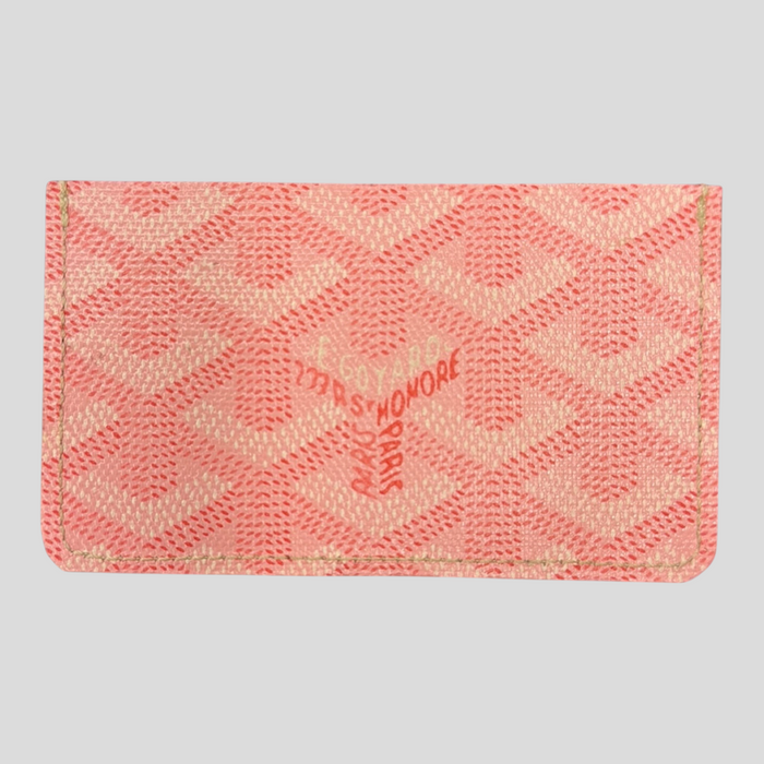 CLB XXIII pink Goyardine canvas card holder wallet with signature chevron pattern and Paris logo print
