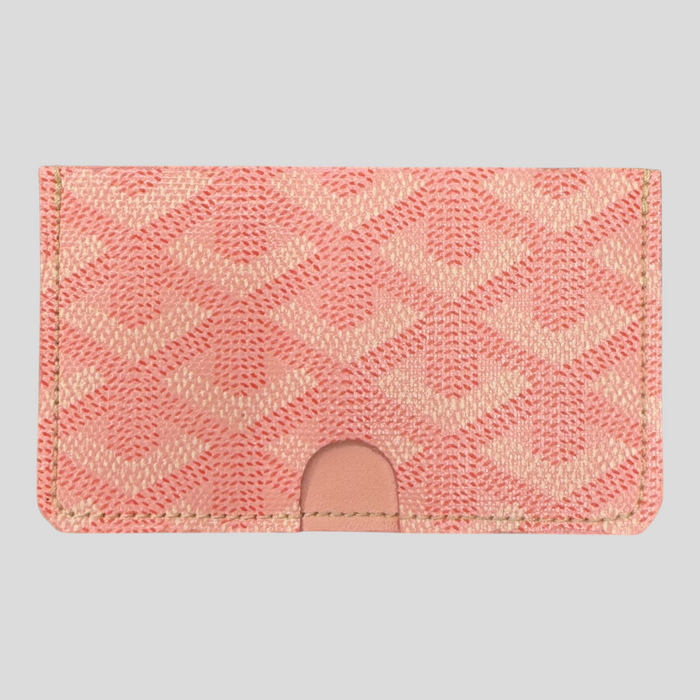CLB XXIII pink Goyardine canvas card holder wallet with signature chevron pattern and leather trim